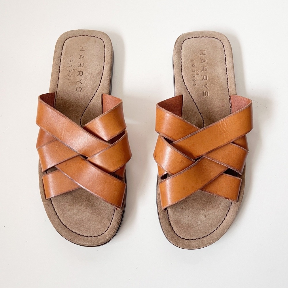 HARRYS OF‎ LONDON Mens Leather Slide Sandals Tan Woven Fisherman Size 43.5 10.5